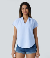 V Neck Short Sleeve Curved Hem Stripe Casual Top