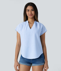 V Neck Short Sleeve Curved Hem Stripe Casual Top