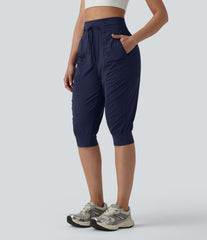 High Waisted Drawstring Ruched Tapered Pedal Pusher Quick Dry InstantCool Dance Joggers with Pockets-UPF40+