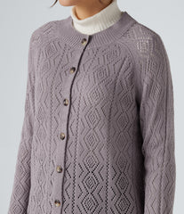 Round Neck Long Sleeve Button Fly Hollow Out Casual Cardigan