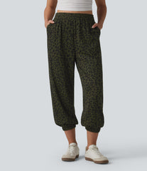 High Waisted Leopard Print Casual Cropped Baggy Joggers with Pockets
