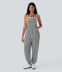 Stripe Waffle Jogger Overalls with Pockets