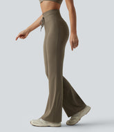High Waisted Drawstring Plain Flare Yoga Pants with Pockets