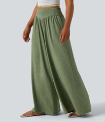 High Waisted Shirred Flowy Baggy Pants with Pockets