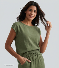 Round Neck Batwing Sleeve Casual Linen-Feel Top