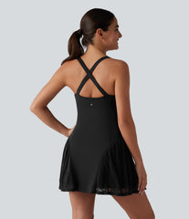 SoftlyZero™ Airy Crisscross Back Contrast Lace Built-in Bra InstantCool Tennis Active Dress with Pockets-Easy Peezy-UPF50+
