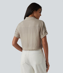 Roll Up Short Sleeve Cropped Casual Linen-Blend Shirt with Pockets
