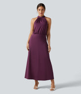 Mock Neck Sleeveless Keyhole Back Stretchy Satin-Like InstantCool Midi Dress