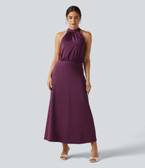 Mock Neck Sleeveless Keyhole Back Stretchy Satin-Like InstantCool Midi Dress