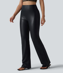 High Waisted Bootcut Stretchy PU Casual Pants with Pockets