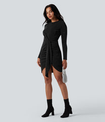 Round Neck Long Sleeve Ruched Bodycon Mini Sparkle Party Dress