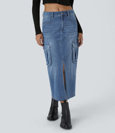 Halara Flex™ Mid Rise Zipper Pockets A Line Denim Maxi Casual Cargo Skirt