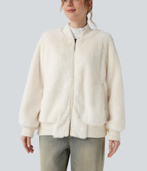 Zipper Long Sleeve Casual Sherpa Bomber Jacket with Pockets