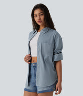 Halara Flex™ Long Sleeve Stripe Denim Casual Shirt with Pocket