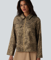 Long Sleeve Zipper Leopard Print Casual Jacket with Pockets