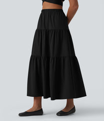High Waisted A-Line Stretchy Poplin Midi Casual Skirt with Pockets