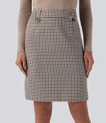 Mid Rise Zip Split Plaid Work Straight Skirt with Pockets