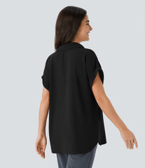V Neck Short Sleeve Curved Hem Work Shirt