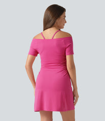 SoftlyZero™ Plush Off-shoulder Ruched 2-in-1 Built-in Bra Mini Yoga Active Dress with Pockets-Easy Peezy A-D Cups