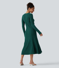 Ribbed Knit Henley Neck Long Sleeve Flowy Midi Casual Dress
