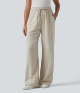 High Waisted Drawstring Stripes Linen Work Baggy Pants with Pockets