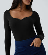 Ribbed Scoop Neck Long Sleeve Slim Casual Top
