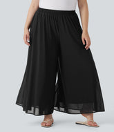 Plus Size High Waisted Mesh Overlay Wide Leg Casual Pants with Pockets