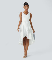 Breezeful™ V Neck Cut Out Pocket Ruffle Flowy Quick Dry Midi Dress