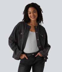 Halara Flex™ Round Neck Long Sleeve Denim Casual Jacket with Pockets