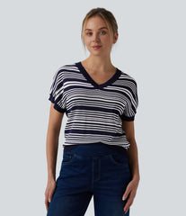 V Neck Short Sleeve Stripe Casual T-Shirt