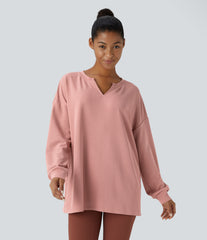 V Neck Dropped Shoulder Relaxed Waffle Casual Sweatshirt