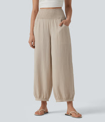 High Waisted Shirred Linen-Feel Casual Bubble Pants with Pockets