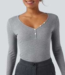 Ribbed Knit V-neck Long Sleeve Work T-Shirt