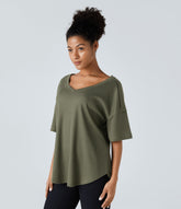 V Neck Dropped Shoulder Curved Hem Relaxed Waffle Casual T-Shirt