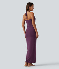 Halter Tie Back Built-in Bra Maxi Dress with Pockets DD-F Cups