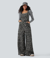 Square Neck Leopard Print Teddy Casual Baggy Overalls with Pockets