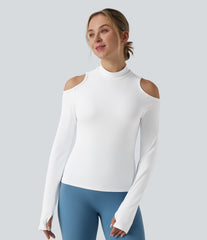 SoftlyZero™ Airy Mock Neck Cut Out Long Sleeve Thumb Hole InstantCool Yoga Sports Top-UPF50+