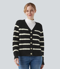 V-neck Long Sleeve Striped Casual Cardigan