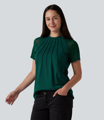 Round Neck Raglan Short Sleeve Contrast Mesh Casual Blouse