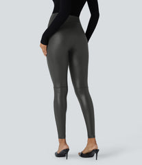 High Waisted Tummy Control Faux Leather Foil Print Stretchy Leggings