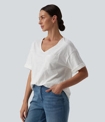 Sweetheart Neck Roll Short Sleeve Relaxed Casual Slubbed Cotton T-Shirt with Pocket