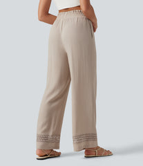 High Waisted Drawstring Casual Linen-Feel Pants with Pockets