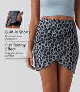 High Waisted Tummy Control Ruched 2-in-1 Mini Leopard Print Waffle Casual Tulip Skirt