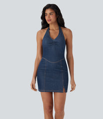 Halara Flex™ Halter Bodycon 2-Piece InstantCool Washed Denim Mini Tennis Active Dress with Pockets