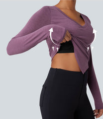 Molded Cups Push-Up V-neck Long Sleeve Ruched Split Hem Casual Top A/B Cup