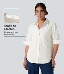Collar Long Sleeve Curved Hem Work Shirt with Chest Pocket
