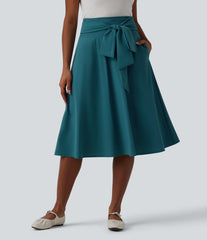 High Waisted Tie Front A Line Midi Casual Skirt