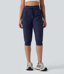 High Waisted Drawstring Ruched Tapered Pedal Pusher Quick Dry InstantCool Dance Joggers with Pockets-UPF40+