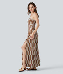 Ribbed Knit One Shoulder Sleeveless Stripe Maxi Casual Dress with Pocket
