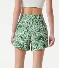 High Waisted 2-in-1 Tropical Plant Print Shorts 5'' with Pockets